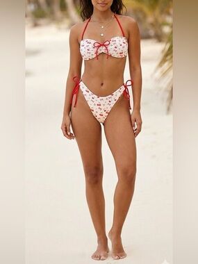 Cherry Print Tie Bikini Set - Red & Cream size s